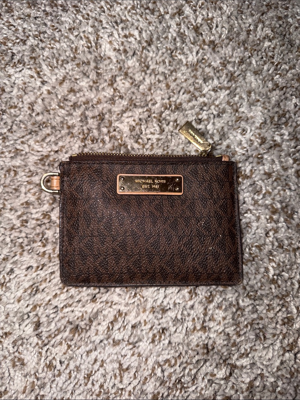 Michael Kors Dark Brown Logo Zip Card Case with Gold Hardware